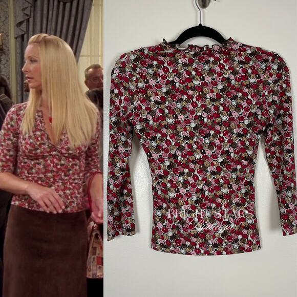 Rare Vintage Pink Print Top ASO Phoebe Buffay Friends V-Neck Faux Wrap Y2K XS - Picture 2 of 6